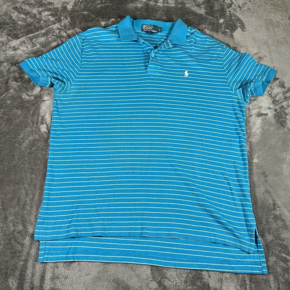 Polo‎ Ralph Lauren Polo Shirt Mens Large Blue Striped Collard Embroidered Golf
